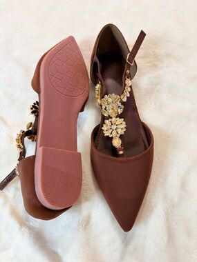 Women's Brown Pointed Toe Jeweled T-Strap Flats